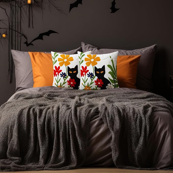 Merrycolor Embroidered Pillow Covers 18x18 Black Cat and Flower Pattern Halloween Decorative Throw Pillow Covers Comfortable Cotton Canvas Square Couch Cushion Cases for Sofa Bed Living Room Decor