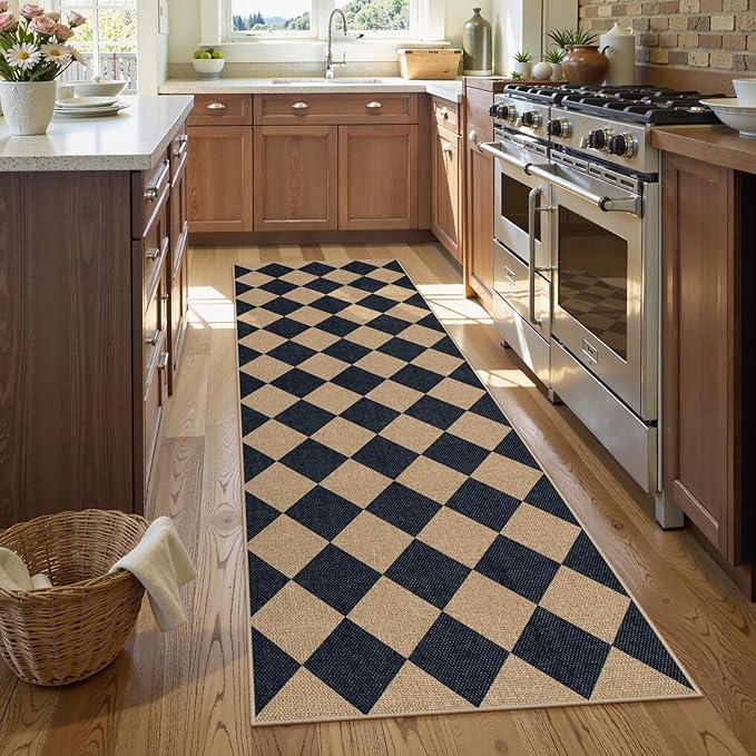 Lahome Checkered Easy Jute Runner Rug, 2x8 Hallway Kitchen Runner Rug Non Slip Washable Outdoor Carpet for Entryway Indoor, Checkerboard Black Indoor Outdoor Carpet for Hallway 8ft Entry