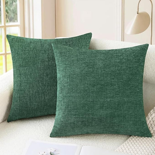 CaliTime Throw Pillow Covers Decorative 22 X 22 Inches Pack of 2 Cozy Chenille Cushion Cases for Couch Sofa Bed Living Room Home Dark Green