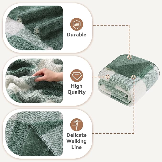 LURKA Checkered Sherpa Fleece Twin-Size Bed Blanket - Extra Thick and Warm Winter Soft Fuzzy Plush Blanket for Couches, Beds & Pets, Sage, 60x80 Inches