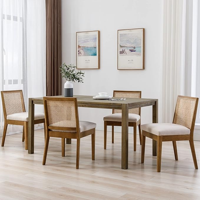 VESCASA Upholstered Dining Chairs with Square Rattan Back, Armless Padded Linen Cushion Dining Chairs with Wood Legs for Dining Room, Kitchen, Set of 4, Natural Frame