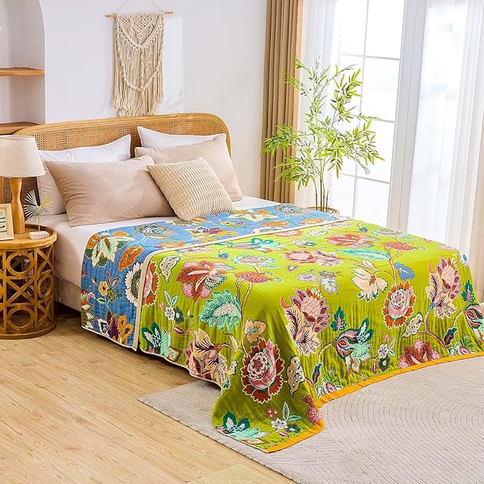 Fall Throw Blanket, 100% Cotton Soft Rustic Boho Throw Blanket for Bed, 90"x98" Farmhouse Decor Bed Flower Blankets, Light Weight Reversible Bohemian Throw Quilt