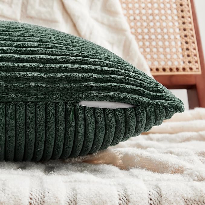 Fancy Homi Set of 2 Dark Green Decorative Throw Pillow Covers 28x28 Inch for Bedroom Couch Bed, Boho Farmhouse Forest Green Home Decor, Soft Corss Corduroy Patchwork Textured Cushion Case 71x71 cm