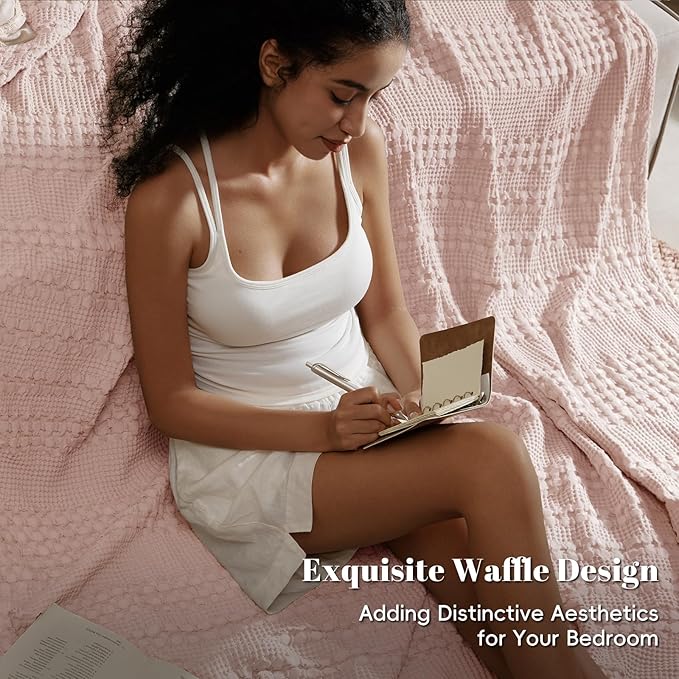 PHF 100% Cotton Waffle Weave Blanket Queen Size, Soft Lightweight Breathable Cozy Summer Blankets for Bed, Luxury Aesthetic Woven Bedding for Home Decor, 90"x90", Pink/Mauve