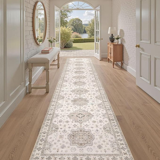 Washable 2.6x14 Runner Rug - Area Rugs Neutral Vintage Distressed Floral Farmhouse Boho Large Soft Floor Rug Indoor Carpet for Hallway Entryway Home - Beige Brown