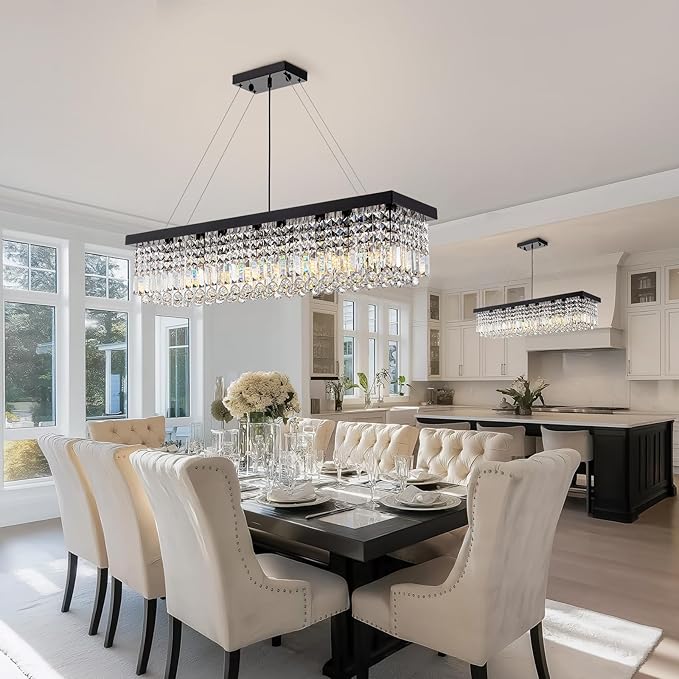 8 Light Modern Crystal Chandelier for Dining Room,Rectangular Rectangle Raindrop Crystal Light Fixture,Height Adjustable for Kitchen Island L40''xW10''xH10''