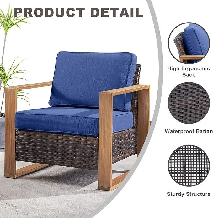 Outdoor Wicker Patio Furniture Set - 5 Piece Patio Conversation Set with 2 Wicker Armrest Chairs,2 Rattan Ottoman, 1 Side Table, Sturdy Frame, Thick Cushions, Deep Seating(Brown/Blue)