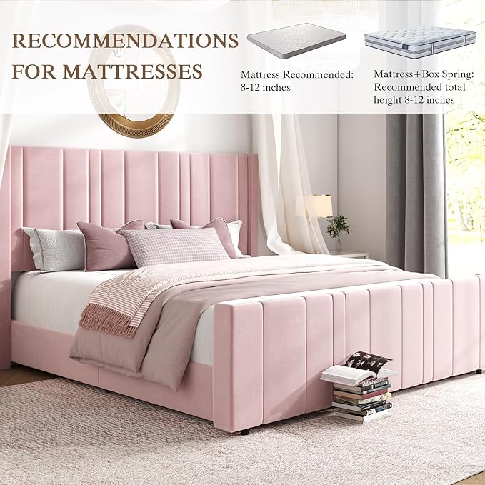 HOMBCK King Size Bed Frame and Headboard, Upholstered Bed with Vertical Channel Tufted Headboard & Footboard, Wooden Slats/Noise Free/No Box Spring Needed/Easy Assembly, Pink