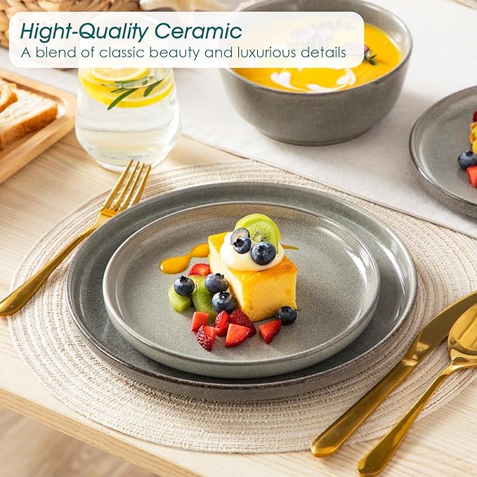 vancasso ANYA 18 Pieces Plates and Bowls Set, Stone Grey Dinnerware Sets, Reactive Glaze Dishes Set for 6, Ceramic Dishware Sets Kitchen Dinner Set, Microwave & Dishwasher Safe