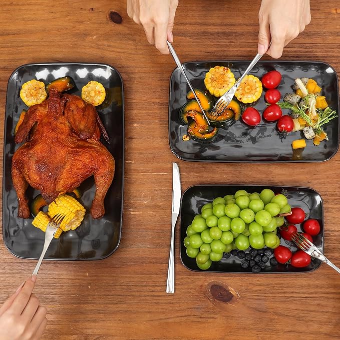 vicrays Ceramic Rectangle Serving Platters - 14" 12" 10" Porcelain Serving Trays Plates for Party BBQ Appetizers Sushi Dessert - Microwave Oven and Dishwasher Safe - Set of 3 Bright Black