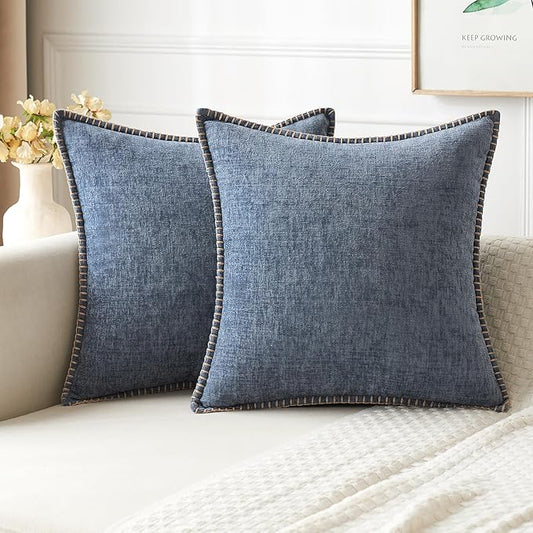 MIULEE Pack of 2 Couch Throw Pillow Covers 16x16 Inch Dark Grey Blue Farmhouse Decorative Pillow Covers with Stitched Edge Soft Chenille Solid Dyed Spring Pillow Covers for Sofa Bed Living Room