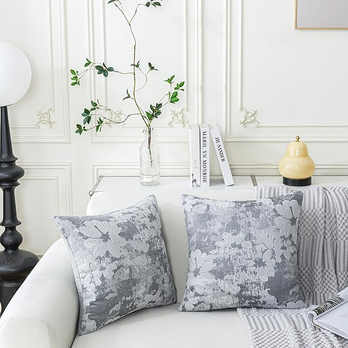 Jacquard Throw Pillow Covers 18x18 Inch Set of 2 - Vintage Floral Boho Pillow Cases with Botanical Pattern | Farmhouse Decor for Couch Living Room | Soft Textured Neutral Trio Slate Gray 18" x 18"