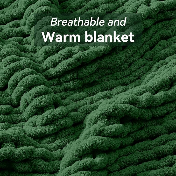 Chunky Knit Throw Blanket, 50''*60'' Knitted Throw Chenille Yarn for Bed Couch, Handmade Grass Green Crochet Big Thick Blanket, Machine Washable Cute Comfy Blanket for Home Decor