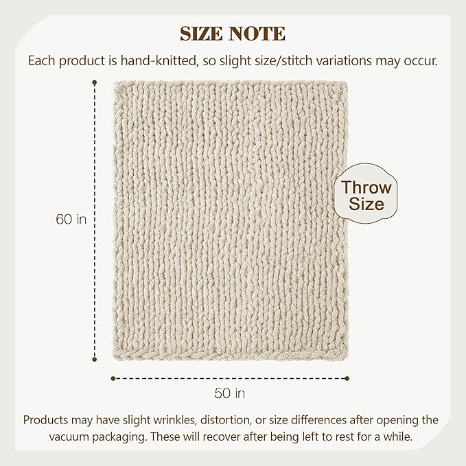Carriediosa Chunky Knit Throw Blanket 50" X 60", 100% Hand Made Large Chenille Loop Yarn Soft Fluffy Throws for Couch Sofa Bed, Big Crochet Cozy Heavy Thick Cable Woven Blanket, Light Beige