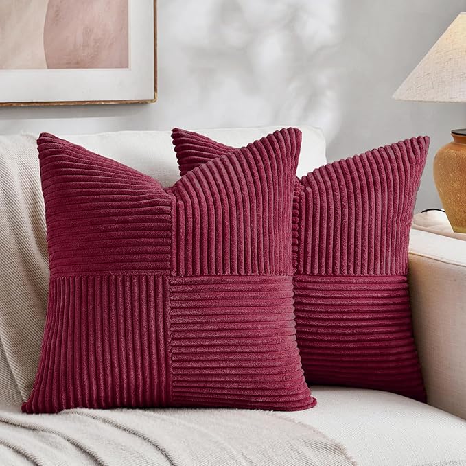 Fancy Homi 2 Packs Burgundy Decorative Throw Pillow Covers 22x22 Inch for Living Room Couch Bed Sofa, Rustic Farmhouse Boho Home Decor, Soft Corss Corduroy Patchwork Accent Cushion Case 55x55 cm