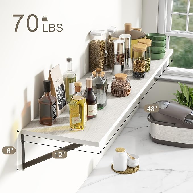 12 Inch Deep Floating Shelves, White Floating Shelves 48W x 12D, Deep Wall Shelves Bracket Set of 2, Large Display Hanging Floating Shelf for Bathroom, Living Room, Wide Storage Wooden Wall Shelf