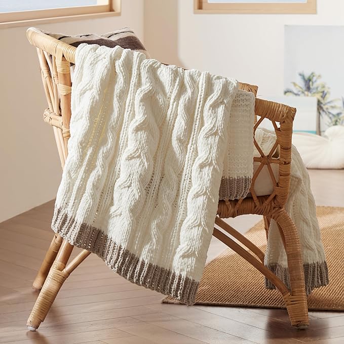 Bedsure Cable Knit Twin Blanket for Couch Bed - Breathable Chenille Chunky Knit Twin Blanket for Decorative Gift, GentleSoft Cozy and Warm for Winter and All Seasons, Cream, 60x80 Inches