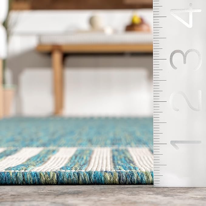 nuLOOM 9'6" x 12' Outdoor Area Rug, Casual Design With Striped Border, Stain Resistant, Highly Durable, For Patio, Balcony, Bedroom, Living Room, Dining Room, Bathroom, Teal