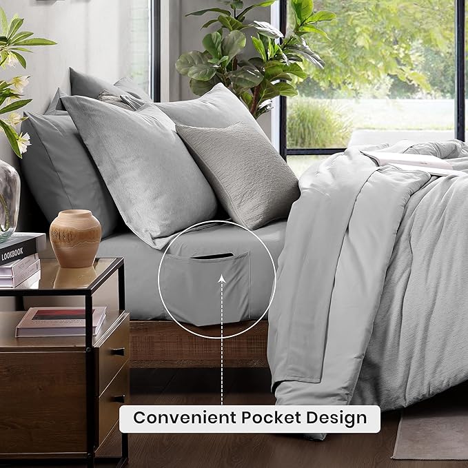 Monbix Full Size Comforter Set, Grey Bedding Comforter for Full Size Bed Set Reversible, Bedding Sets Full 7 Pieces, Cationic Dyeing Bed in a Bag with Comforter, Sheets, Pillowcases & Shams