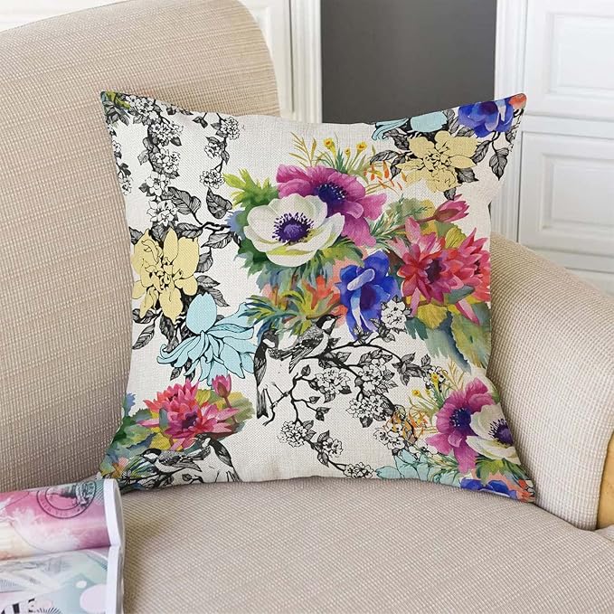 TSSOHU Throw Pillow Cover Vivid Colorful Garden Print Blossoming Wildflowers Birds Leaves Branches Decorative Throw Pillow Case Square 18" x 18" Home Couch Bed Pillowcase