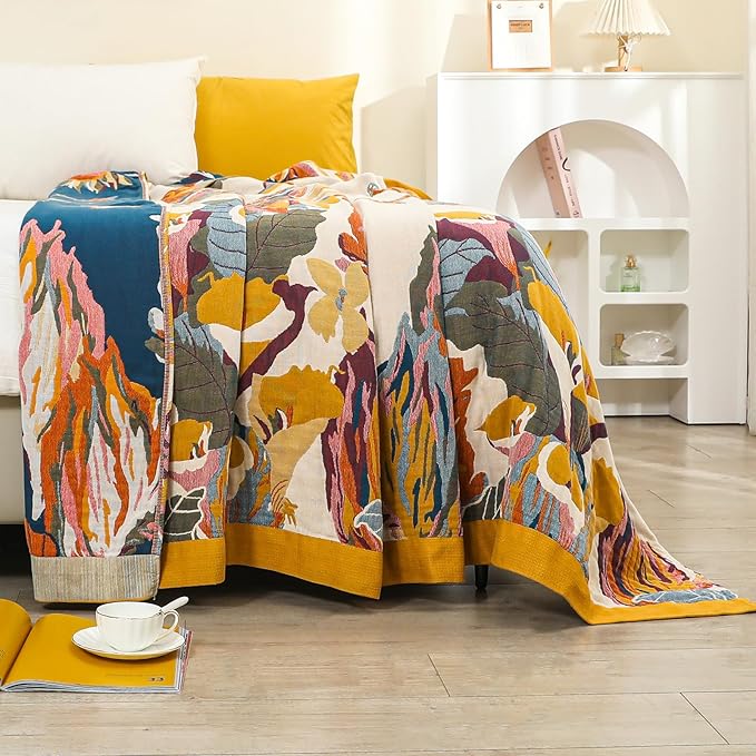 Boho Large Throw Blanket 90" x 98",100% Cotton Soft Sofa Bed Throw-Floral Butterfly Decor Blanket Reversible Bohemian Luxury Throw for Couch Sofa Chair Travel
