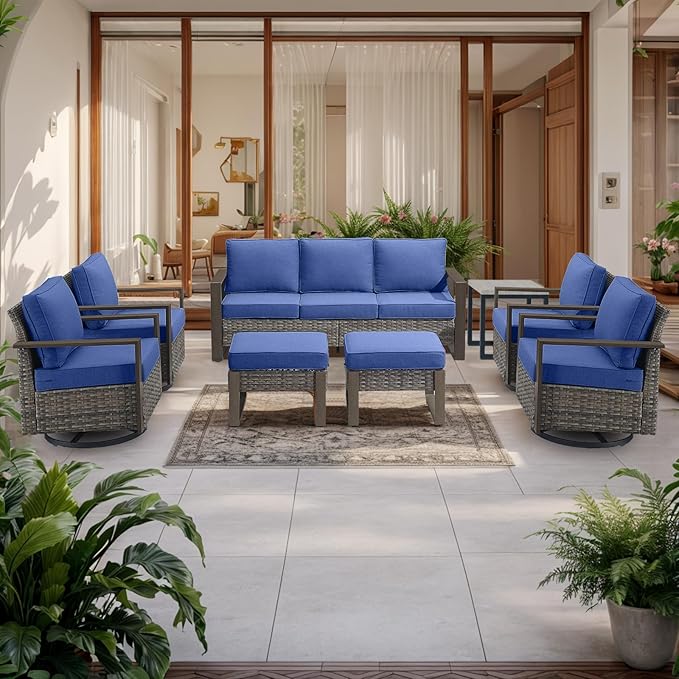 Outdoor Wicker Patio Furniture Set - 8 Piece Patio Conversation Set with 4 Wicker Swivel Rocker Chairs,2 Rattan Ottoman 1 Side Table and 1 Couch,Thick Cushions,Deep Seating(Mixed Grey/Blue)