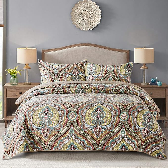 NEWLAKE Cotton Bedspread Quilt Sets-Reversible Patchwork Coverlet Set, European Paisley Blossom Pattern, King Size