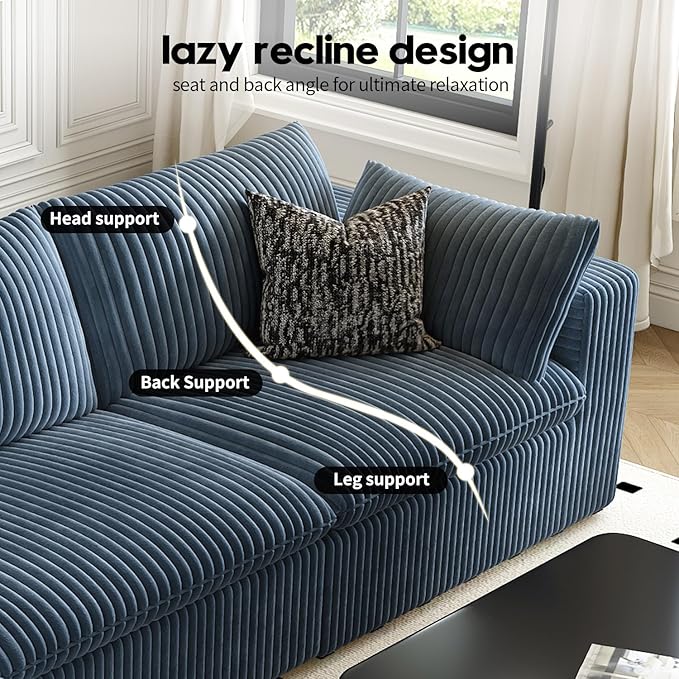 118" Cloud Couch Oversized Modular Sectional Sofa for Living Room,Modern Sofa with Deep Seat，6 Seater Boneless Couch,Comfy Upholstered Corduroy Couches for Apartment, Studio, Office,Bedroom，Blue