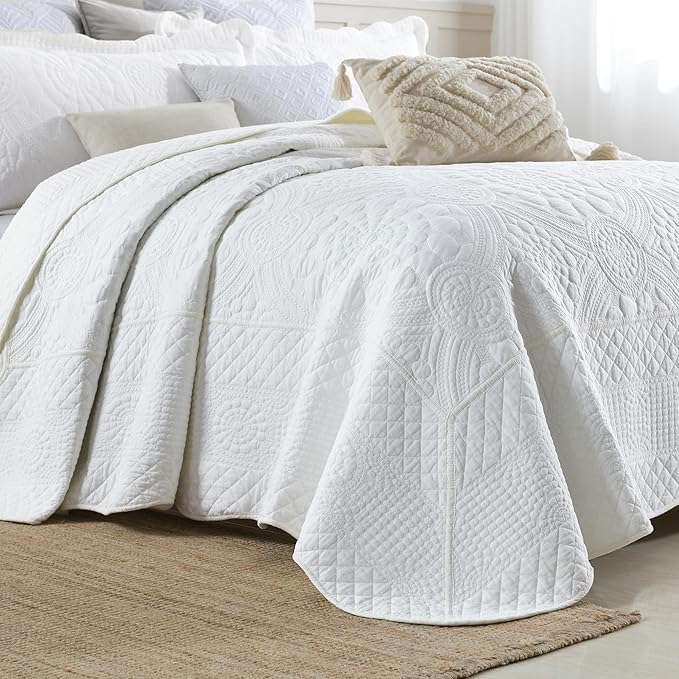 MarCielo 3-Piece 100% Cotton Oversized Bedspread Lightweight Quilt Coverlet Embroidery Farmhouse Bedding (Tf Bright White, Oversized Queen (100"x106"))