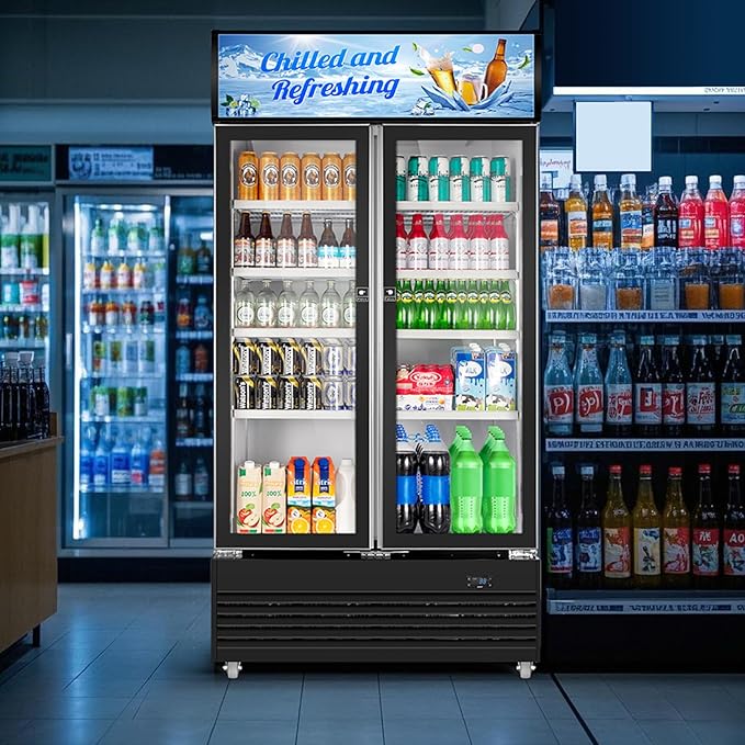 Tylza Commercial Refrigerator, Double Glass Door Display Beverage Fridge, 28.1 Cu Ft Upright Beverage Cooler Merchandiser with Replaceable Advertising Light Board, Rebound Door, Fast Cooling, Black