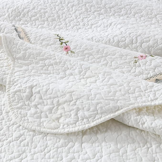 MarCielo 3-Piece 100% Cotton Oversized Bedspread Lightweight Quilt Coverlet Embroidery Farmhouse Bedding Set (Sakura White, Oversized Queen (100"x106"))