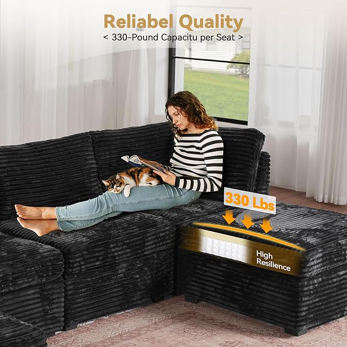 Modular Sectional Sofa with Chaise U Shaped Sectional Couch for Living Room, 8-Seater Comfy Cloud Couches, Plush Corduroy, Black