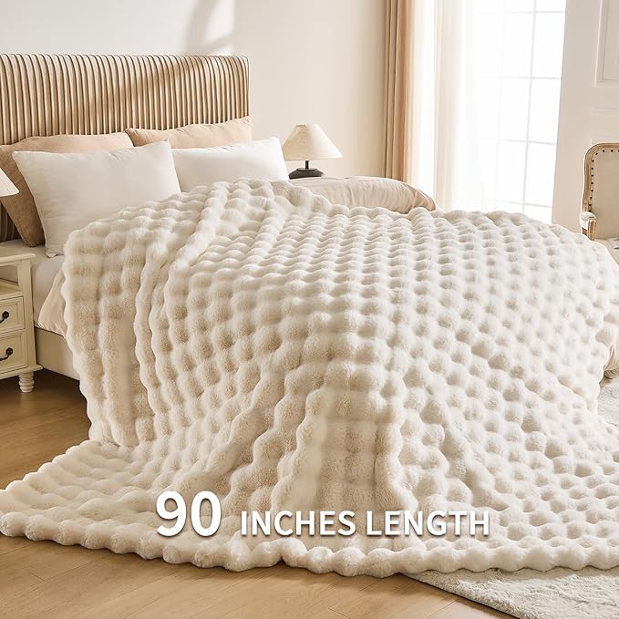 Cozy Faux Fur Throw Blanket for Bed-Warm Fuzzy Throw Blanket, Soft Plush Thick Bubble Blankets for Bedroom and Living Room, Furry Luxury Blanket, 90 x 108, Cream