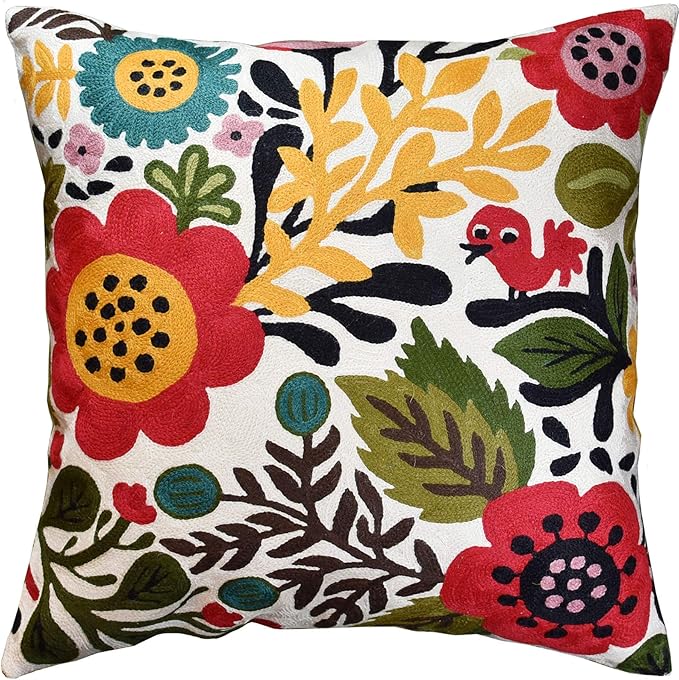 Red Polish Floral Pillow Cover Bird Flower Pillowcase Floral Outdoor Suzani Cushions Flowery Throw Chair Cushion Farmhouse Pillowsham Hand Embroidered Wool 18x18 Inch