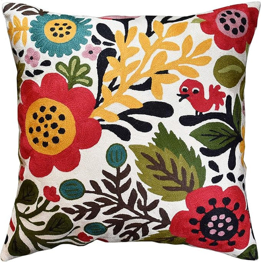 Red Polish Floral Pillow Cover Bird Flower Pillowcase Floral Outdoor Suzani Cushions Flowery Throw Chair Cushion Farmhouse Pillowsham Hand Embroidered Wool 18x18 Inch
