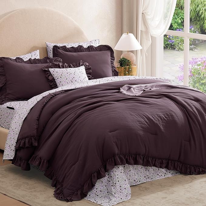 Queen Comforter Set - 7 Pieces Ruffle Purple Bedding Sets, Shabby Chic Farmhouse Bed in a Bag Queen with Ruffle Comforter, Floral Sheets, Pillowcases & Shams