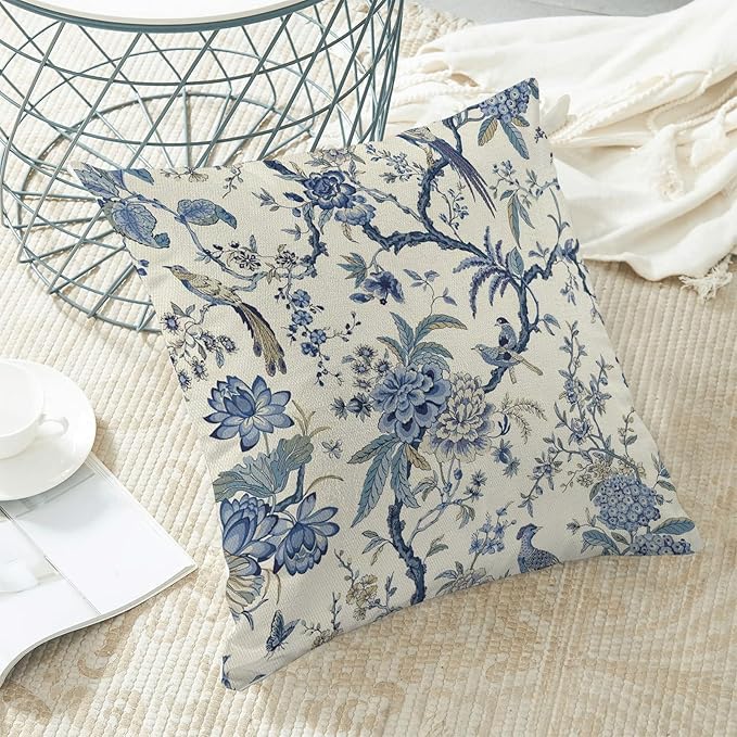 CXMEIFLY Spring Floral Birds Pillow Covers 20 x 20 Inch Set of 2 for Chinoiserie Flowers Decor Throw Pillows Blue and White Plant Outdoor Decorative Cushion Cases for Couch Bed Decorations