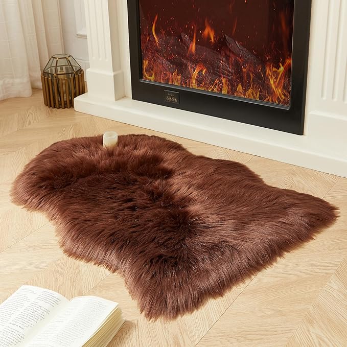 AMTOVO Faux Fur Rug, Coffee Small Area Rug, Fluffy Sheepskin Rug, Fuzzy Ultra Soft 2 x 3 ft Shag Rugs for Bedroom Sofa Throw Cushion Room Decor, Sheepskin