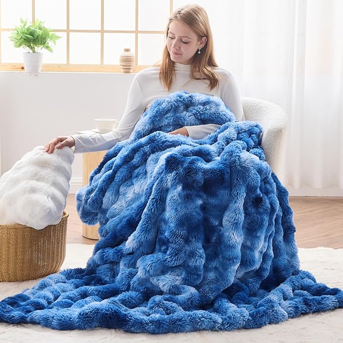 NEWCOSPLAY Faux Fur Throw Blanket Indigo Luxury Fluffy Thick Warm Bubble Blanket for Couch Sofa Bed 700GSM (Indigo, Throw(50"x60"))