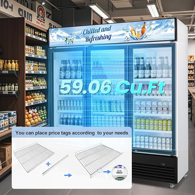 Tylza Commercial Refrigerator, Three Glass Door Display Beverage Fridge, 59.06 Cu Ft Upright Beverage Cooler Merchandiser with Replaceable Advertising Light Board, Rebound Door, Fast Cooling