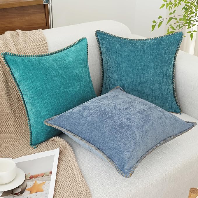 decorUhome Chenille Soft Throw Pillow Covers 26x26 Set of 2, Farmhouse Velvet Neutral Decorative Euro Pillow Covers with Stitched Edge for Couch Sofa Bed Home Decor, Turquoise