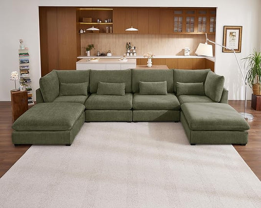 Oversized Modular Sofa, Extra Deep Cloud Chenille Sectional Couch with Ottoman Chaise, Fluffy Chenille 6 Seat U-Shaped Sofa for Living Room, Villa (U Shape 6 Seater, Chenille Green)