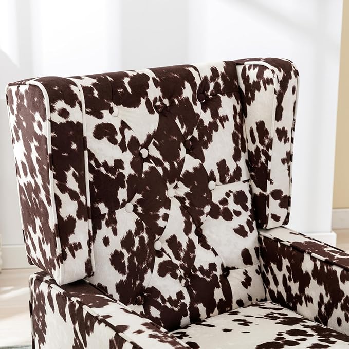 Mid-Century Accent Chair, Upholstered Arm Chair Linen Fabric Side Chair with High Back Solid Wooden Legs, Comfy Reading Chair for Living Room Bedroom, Milk Cow