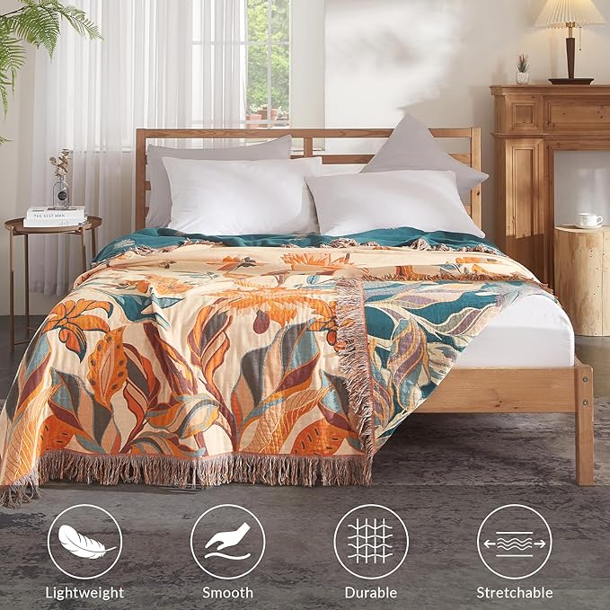 Boho Throw Blanket for Couch Sofa Bed, 100% Cotton Woven Quilt with Tassel 90”x98”, Super Soft Muslin Blanket with Floral Printed, Decorative Reversible Bed Blanket/Cover for All Seasons