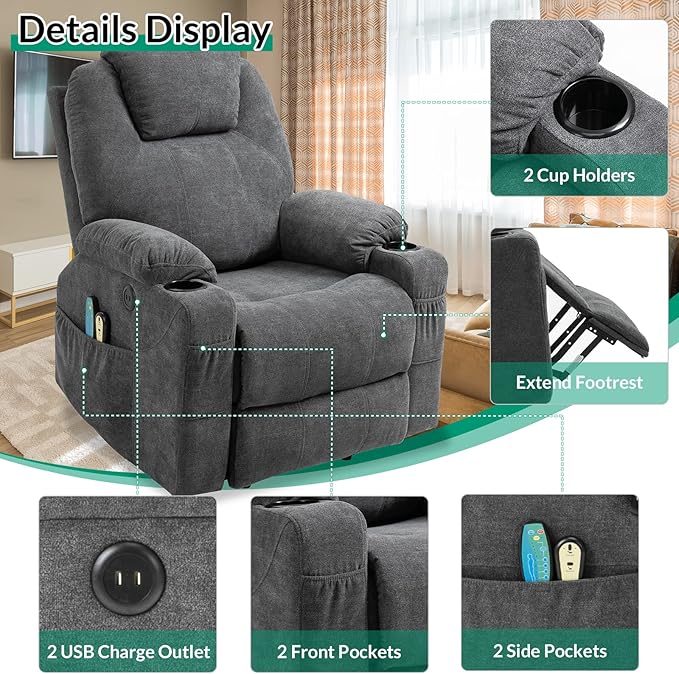 VIVIJASON Power Lift Chair Electric Recliner for Elderly Heated Vibration Massage Fabric Recliner Chair with 2 Remote Controls, Cup Holders, Side Pockets & USB Ports for Living Room (Grey)