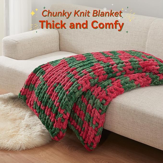 Chunky Knit Throw Blanket, 30''*40'' Knitted Throw Chenille Yarn for Bed Couch, Handmade Stripe Crochet Big Thick Blanket, Machine Washable Cute Comfy Blanket for Home Decor