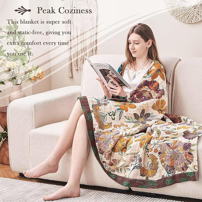 Boho Throw Blanket, 100% Cotton Ultra Soft Luxury Throw Rustic Quilt, 90"x98" Floral Printed Farmhouse Decor Bed Summer Blankets, All Season Rustic Reversible Bohemian Throw for Bed - White