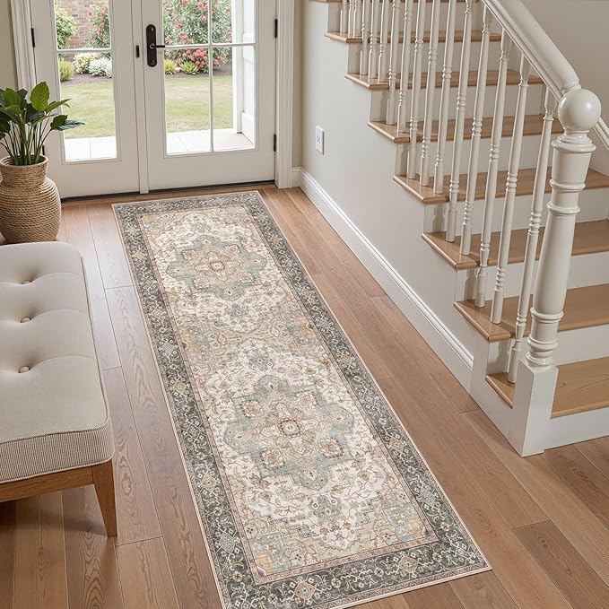 Washable 2x6 Runner Rug - Area Rugs Neutral Vintage Distressed Floral Farmhouse Boho Large Soft Floor Rug Indoor Carpet for Hallway Entryway Bedroom Kitchen - Forest Green Orange