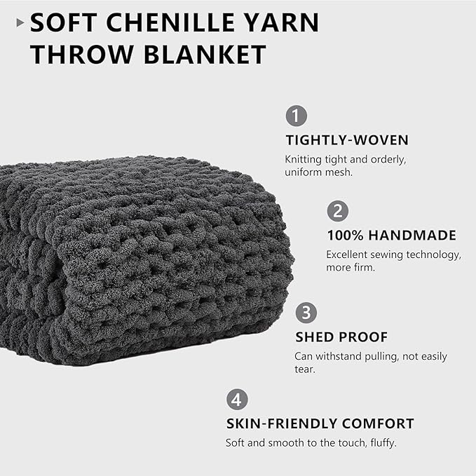L'AGRATY Chunky Knit Blanket Throw: 80''x90'' Chenille Chunky Knitted Throw Blanket for Bed Couch - Handmade Thick Big Cable Knit Blanket - Large Chunky Crochet Blanket for Home Decor(Dark Grey)