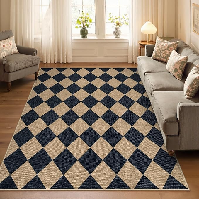 Lahome Checkered Easy Jute 5x7 Area Rugs, Washable Outdoor Patio Rug for Living Room Diamond Indoor Outdoor Carpet, Farmhouse Geometric Non Slip Black Carpet for Backyard Dining Room